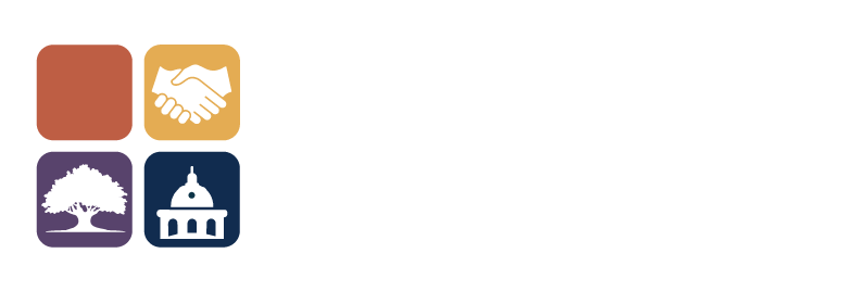 Bartow CRA logo with four icon tiles showing a handshake, tree, and courthouse in orange and dark blue