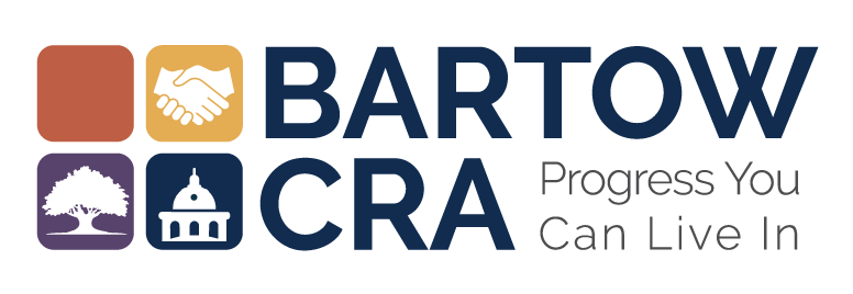 Bartow CRA logo with tagline Progress You Can Live In and four icon tiles showing a handshake, tree, and courthouse
