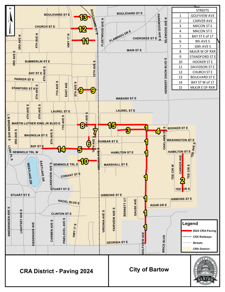 Map of Bartow CRA District showing 2024 paving locations with numbered streets highlighted in red