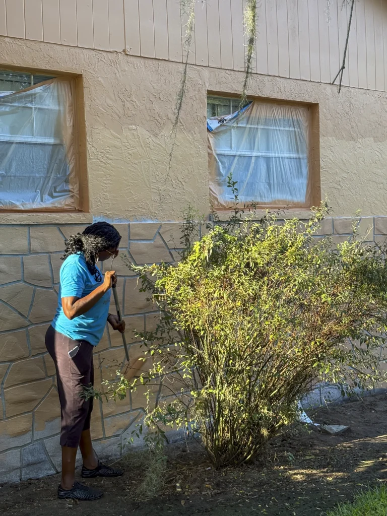 Volunteer trimming bushes next to a building being painted during a Bartow CRA home improvement project
