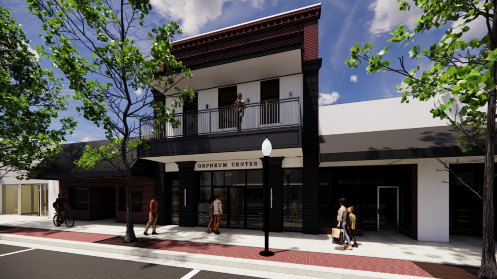 Architectural rendering of the Orpheum Center storefront at 335 Main Street with a second-floor balcony over the sidewalk