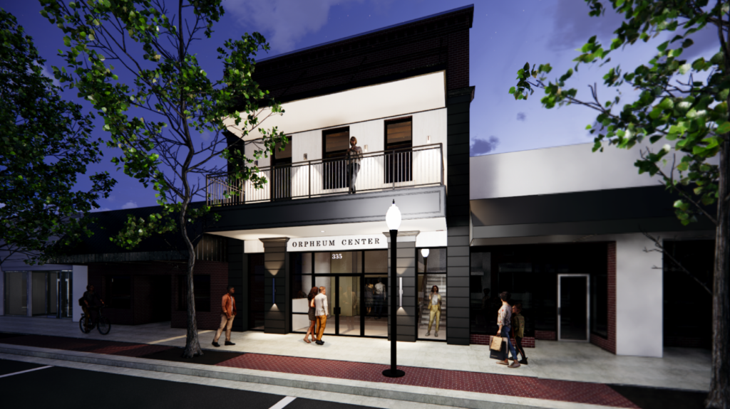 Dusk rendering of the Bartow Innovation Center storefront on Main Street with pedestrians on the sidewalk