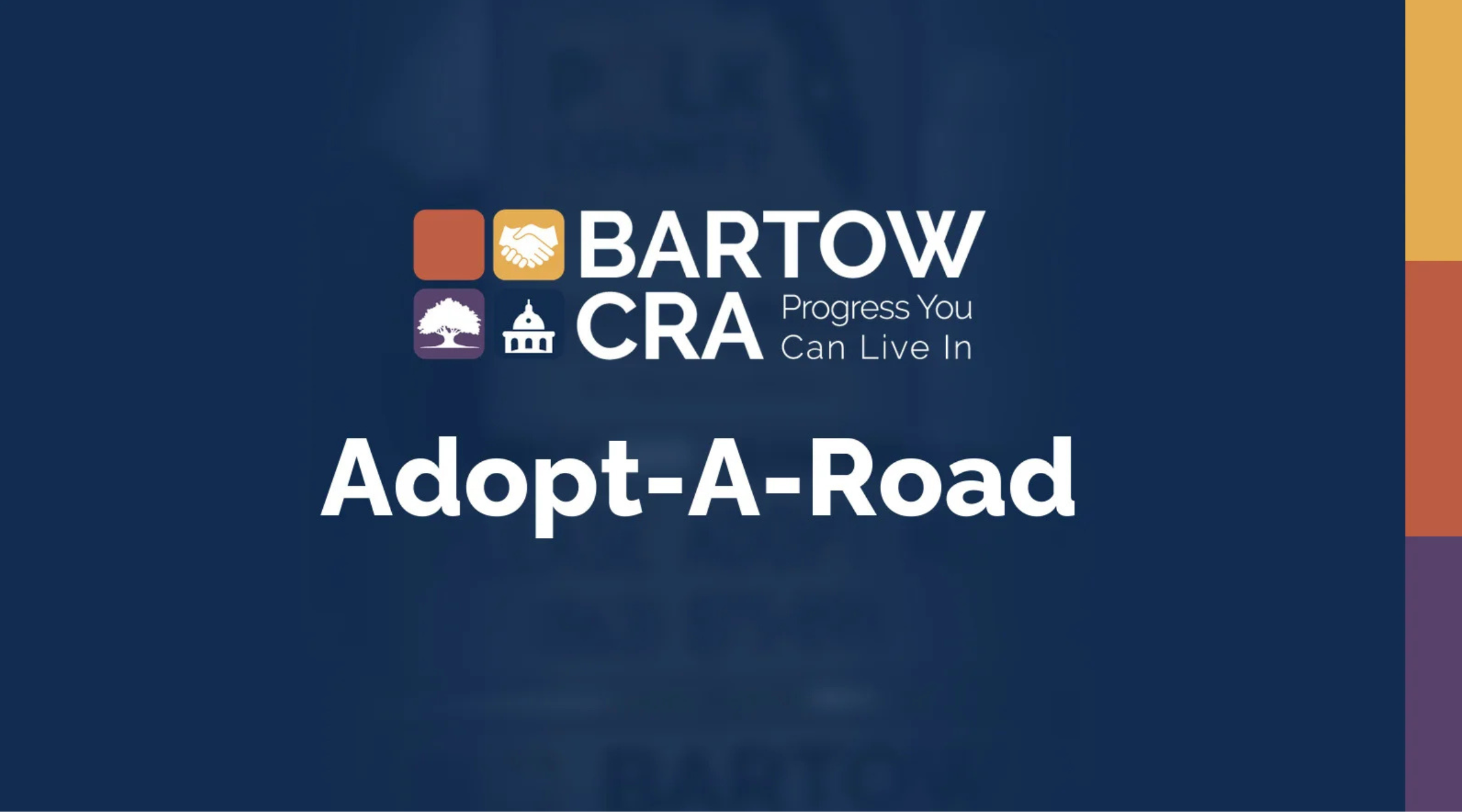Bartow CRA Adopt-A-Road program graphic with logo and brand color bars on a navy background