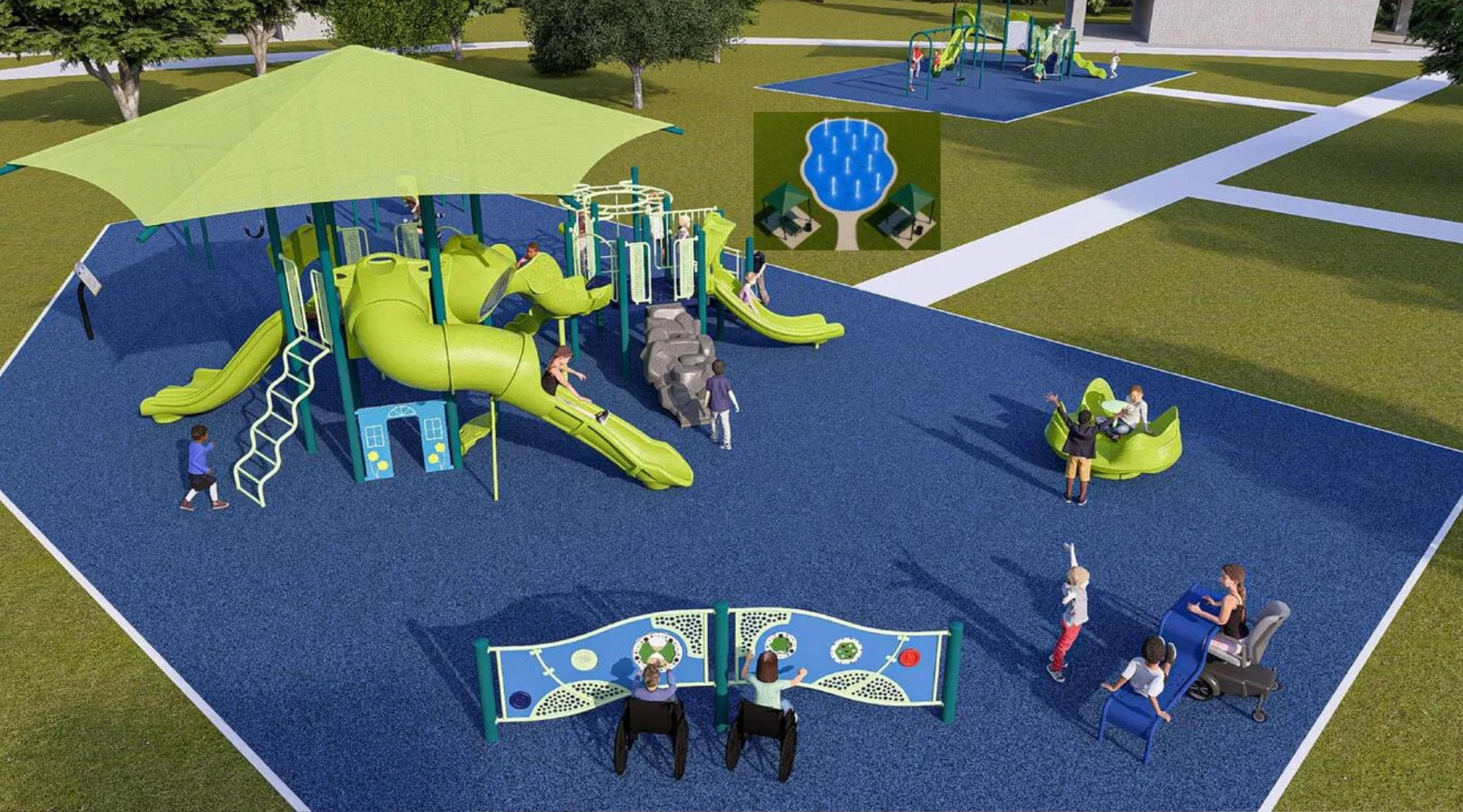 Aerial rendering of the accessible Polk Street playground with green play structures, blue poured rubber surfacing, an inclusive spinner, and ground-level play panels