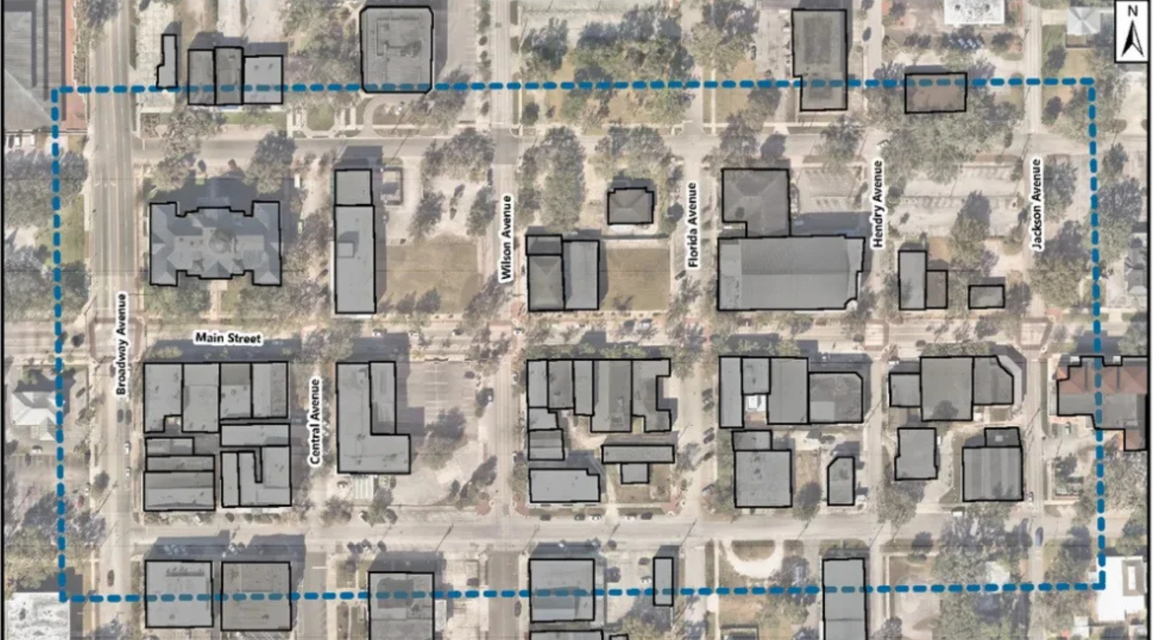 Aerial map of downtown Bartow with building footprints, street labels, and a dashed blue study area boundary along Main Street and surrounding avenues