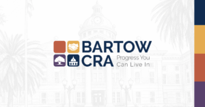 Bartow CRA logo and tagline over a faded courthouse with brand color bars on the right