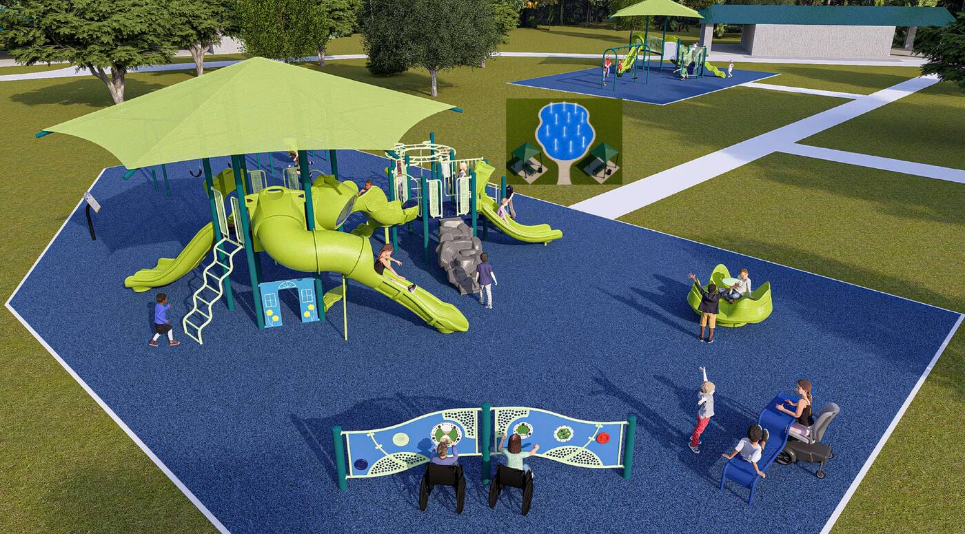 Aerial rendering of the accessible Polk Street playground with green play structures, blue poured rubber surfacing, and ground-level play panels