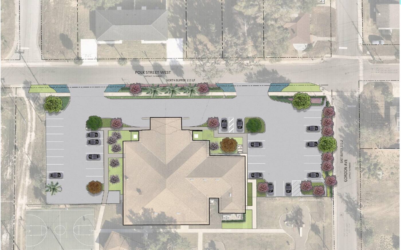 Aerial site plan of the Polk Street Community Center showing the parking lot and landscaping buffers