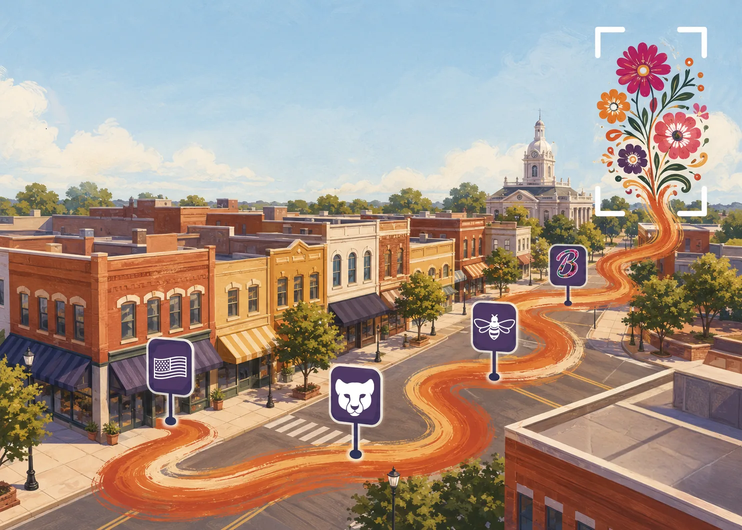 Illustrated downtown Bartow streetscape with a paint trail connecting the four Bartow Unframed murals