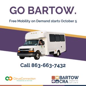 Go Bartow Mobility on Demand announcement featuring a Citrus Connection shuttle and booking number 863-663-7432.